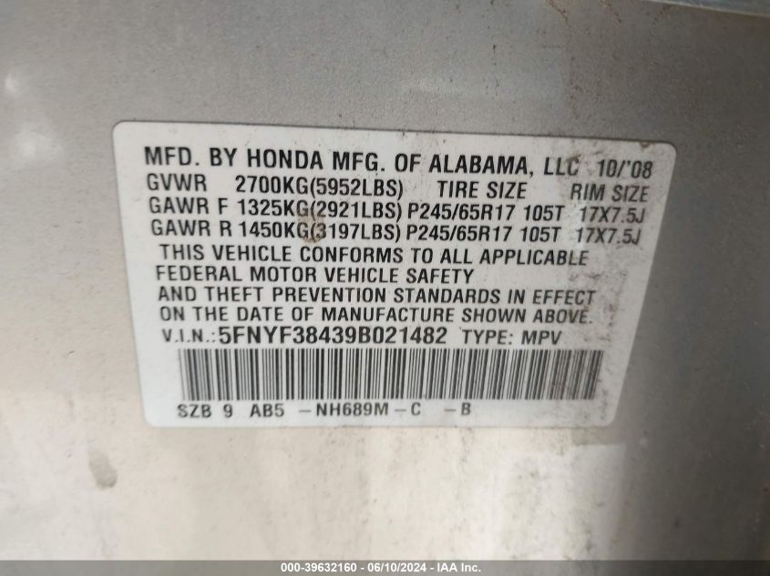 2009 Honda Pilot Ex VIN: 5FNYF38439B021482 Lot: 39632160