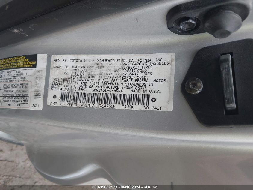 2008 Toyota Tacoma Base V6 VIN: 5TEUU42N48Z555437 Lot: 39632173