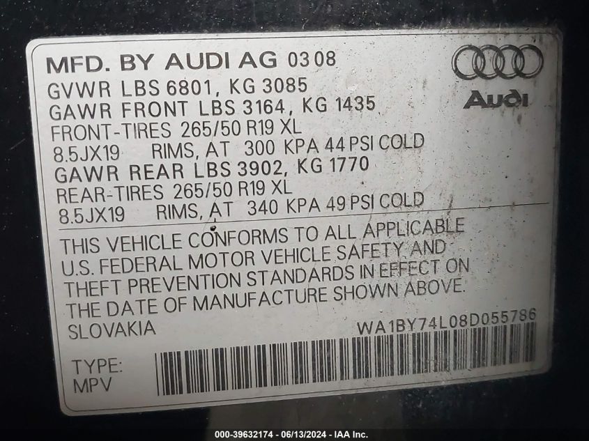 2008 Audi Q7 3.6 Premium VIN: WA1BY74L08D055786 Lot: 39632174