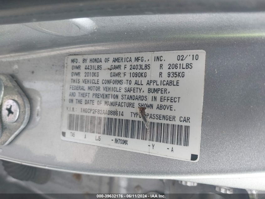 2010 Honda Accord 2.4 Ex-L VIN: 1HGCP2F82AA088614 Lot: 39632176