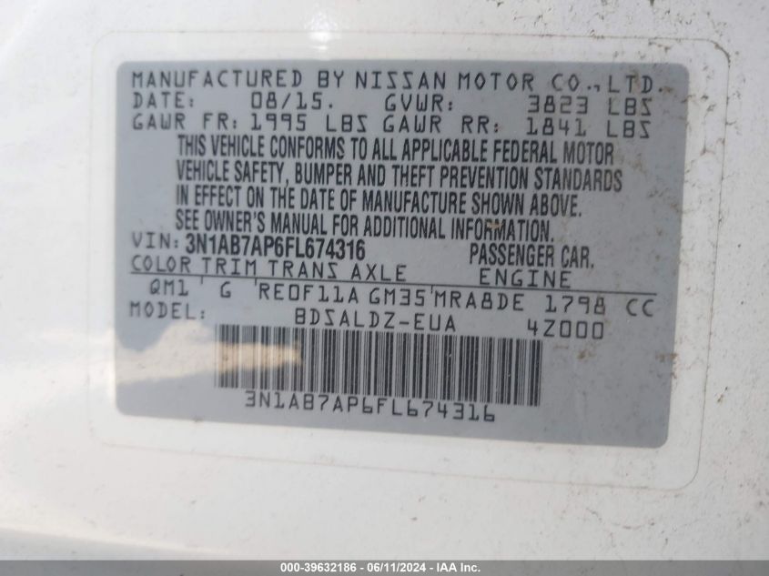 2015 NISSAN SENTRA VIN: 3N1AB7AP6FL674316