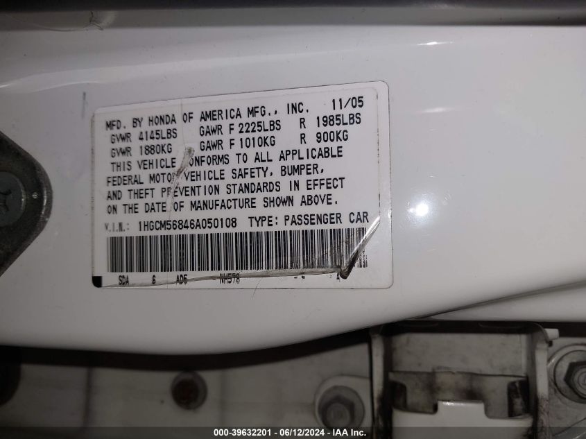 2006 Honda Accord 2.4 Ex VIN: 1HGCM56846A050108 Lot: 39632201
