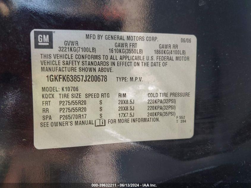 2007 GMC Yukon Denali VIN: 1GKFK63857J200678 Lot: 39632211