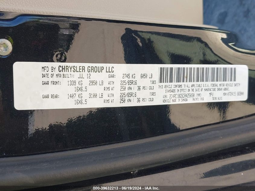 2012 Chrysler Town & Country Touring VIN: 2C4RC1BG5CR425030 Lot: 39632213