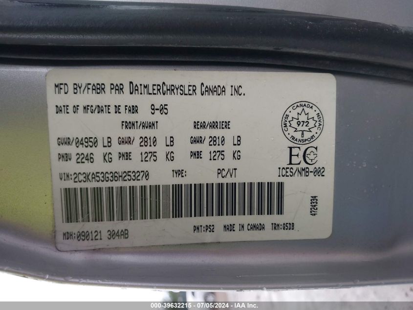 2006 Chrysler 300 VIN: 2C3KA53G36H253270 Lot: 39632215