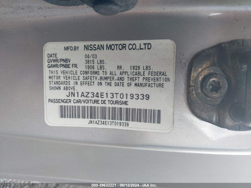 2003 Nissan 350Z Touring VIN: JN1AZ34E13T019339 Lot: 39632221