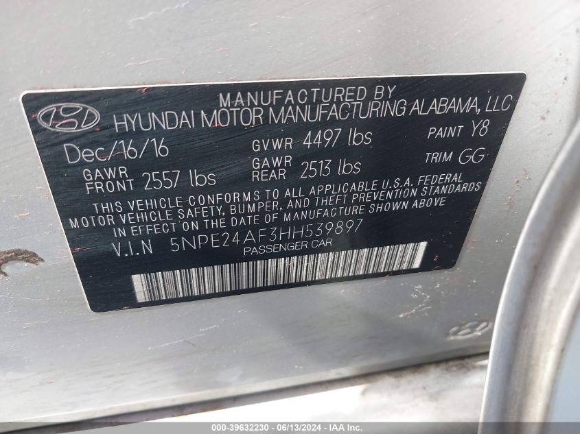 2017 Hyundai Sonata Se VIN: 5NPE24AF3HH539897 Lot: 39632230