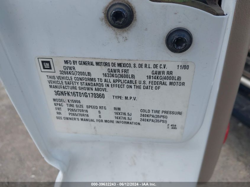 2001 Chevrolet Suburban 1500 Lt VIN: 3GNFK16T01G170360 Lot: 39632243