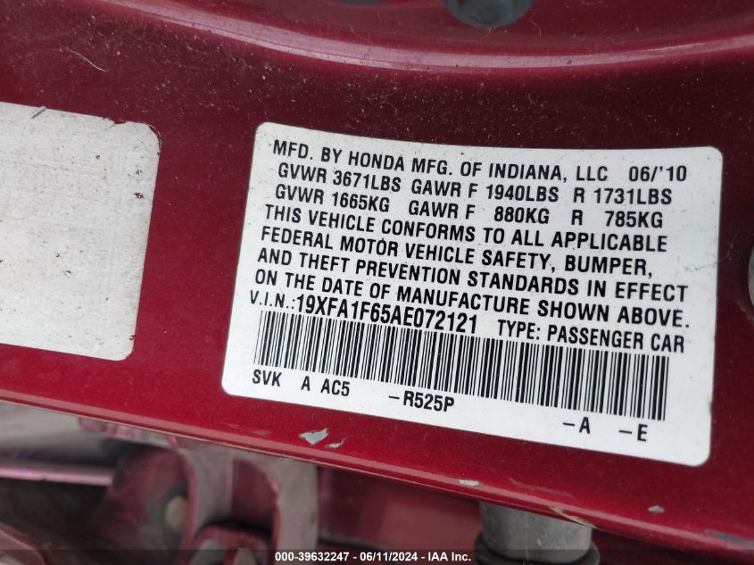 2010 Honda Civic Sdn Lx-S VIN: 19XFA1F65AE072121 Lot: 39632247