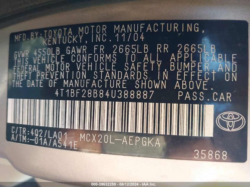 2004 Toyota Avalon Xls VIN: 4T1BF28B84U388887 Lot: 39632259