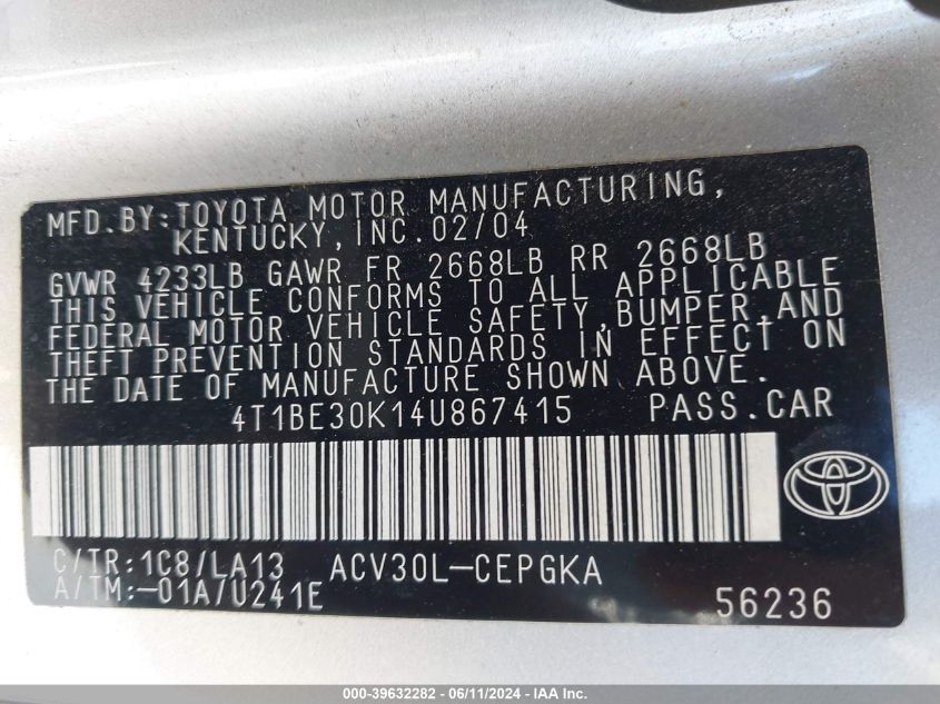 2004 Toyota Camry Xle VIN: 4T1BE30K14U867415 Lot: 39632282