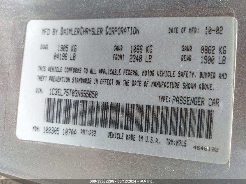2003 Chrysler Sebring Gtc VIN: 1C3EL75T03N555650 Lot: 39632286