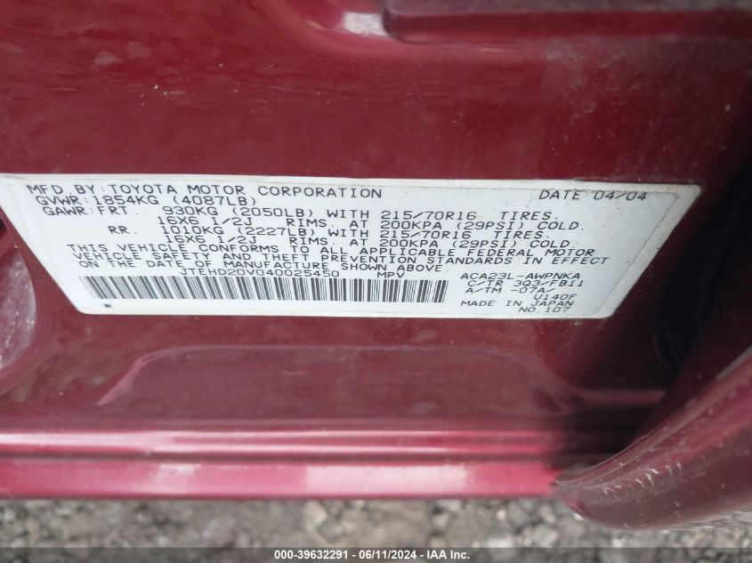 2004 Toyota Rav4 VIN: JTEHD20V040025450 Lot: 39632291