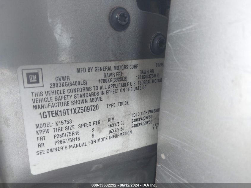 1999 GMC Sierra 1500 Sle VIN: 1GTEK19T1XZ509720 Lot: 39632292