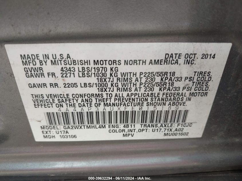 2015 Mitsubishi Outlander Sport Es VIN: 4A4AP3AUXFE015189 Lot: 39632294