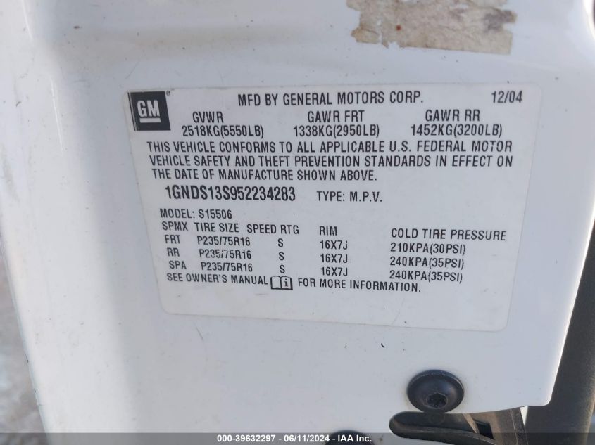 2005 Chevrolet Trailblazer Ls VIN: 1GNDS13S952234283 Lot: 39632297