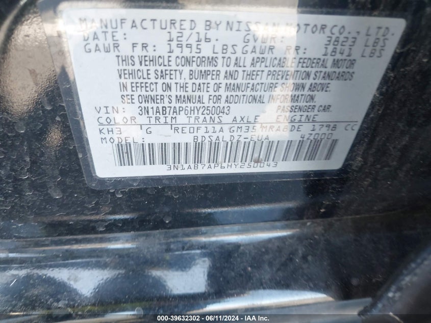 2017 Nissan Sentra Sv VIN: 3N1AB7AP6HY250043 Lot: 39632302