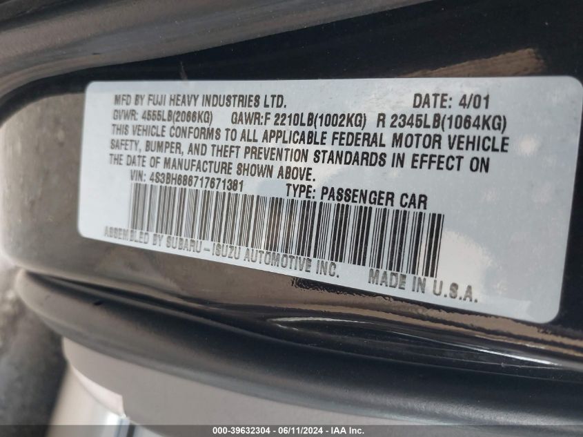 2001 Subaru Outback Limited VIN: 4S3BH686717671381 Lot: 39632304