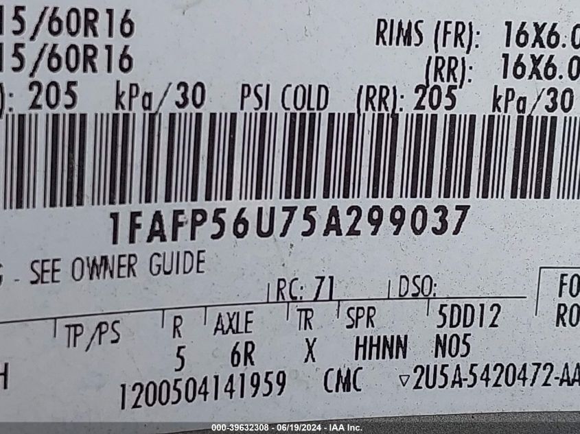 2005 Ford Taurus Sel VIN: 1FAFP56U75A299037 Lot: 39632308