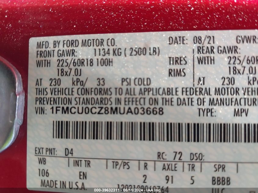 1FMCU0CZ8MUA03668 2021 Ford Escape Sel Hybrid