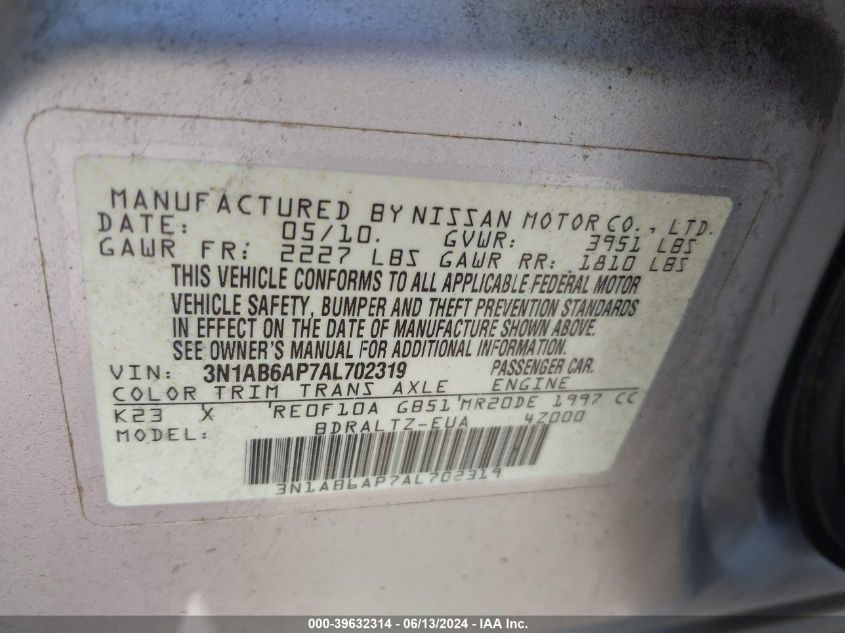 2010 Nissan Sentra 2.0S VIN: 3N1AB6AP7AL702319 Lot: 39632314