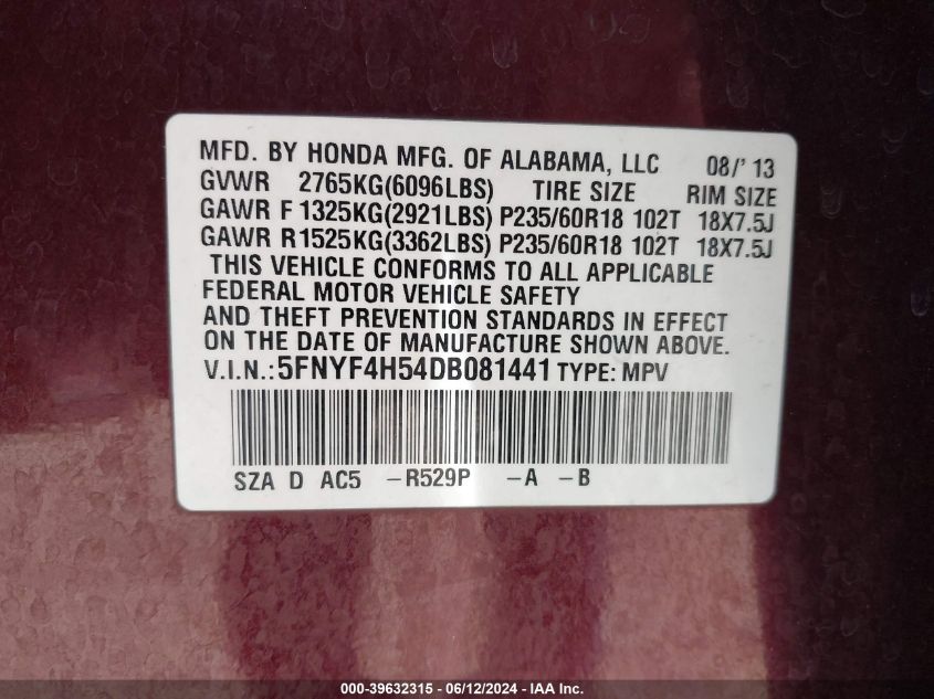 2013 Honda Pilot Ex-L VIN: 5FNYF4H54DB081441 Lot: 39632315
