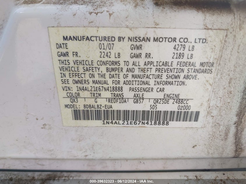 2007 Nissan Altima 2.5 S VIN: 1N4AL21E67N418888 Lot: 39632323