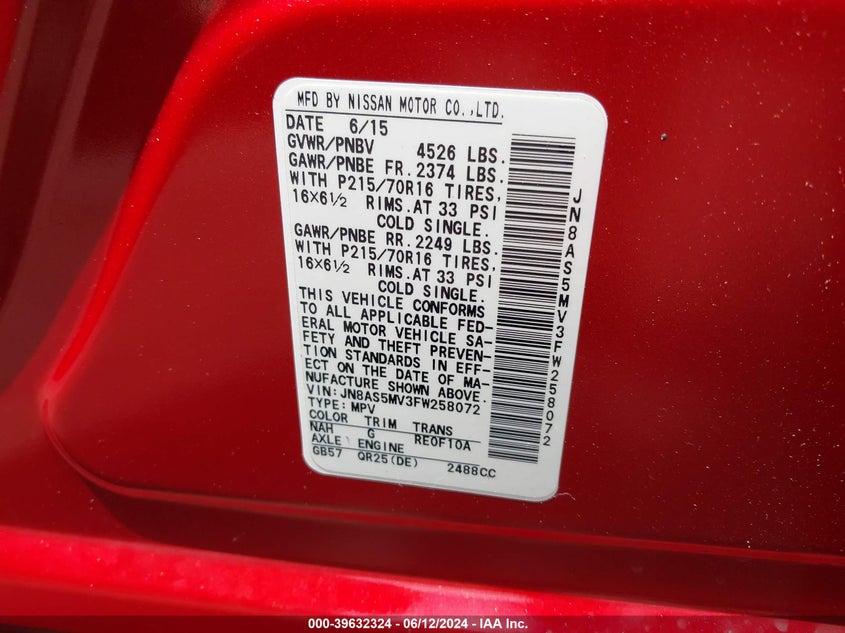 2015 Nissan Rogue VIN: JN8ASSMV3FW258072 Lot: 39632324