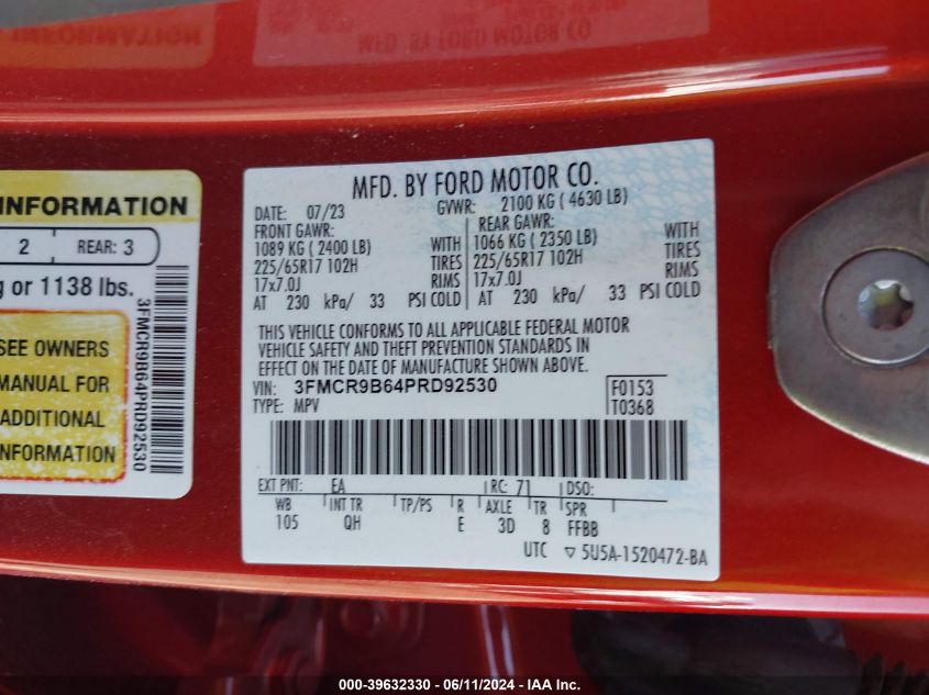 2023 Ford Bronco Sport Big Bend VIN: 3FMCR9B64PRD92530 Lot: 39632330