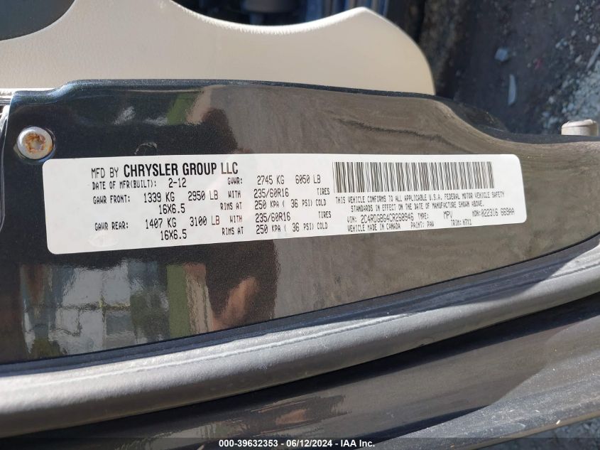 2012 Dodge Grand Caravan Se/Avp VIN: 2C4RDGBG4CR268946 Lot: 39632353