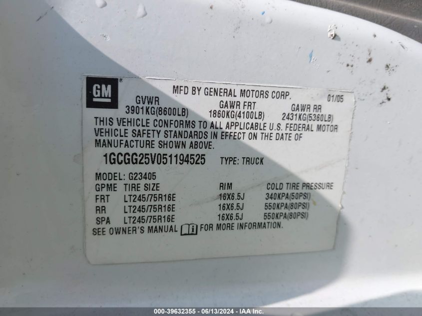 2005 Chevrolet Express VIN: 1GCGG25V051194525 Lot: 39632355