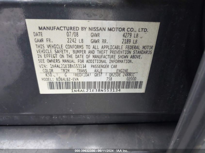 2008 Nissan Altima 2.5 S VIN: 1N4AL21E38N553134 Lot: 39632356