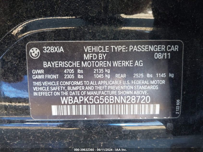 2011 BMW 328I xDrive VIN: WBAPK5G56BNN28720 Lot: 39632360