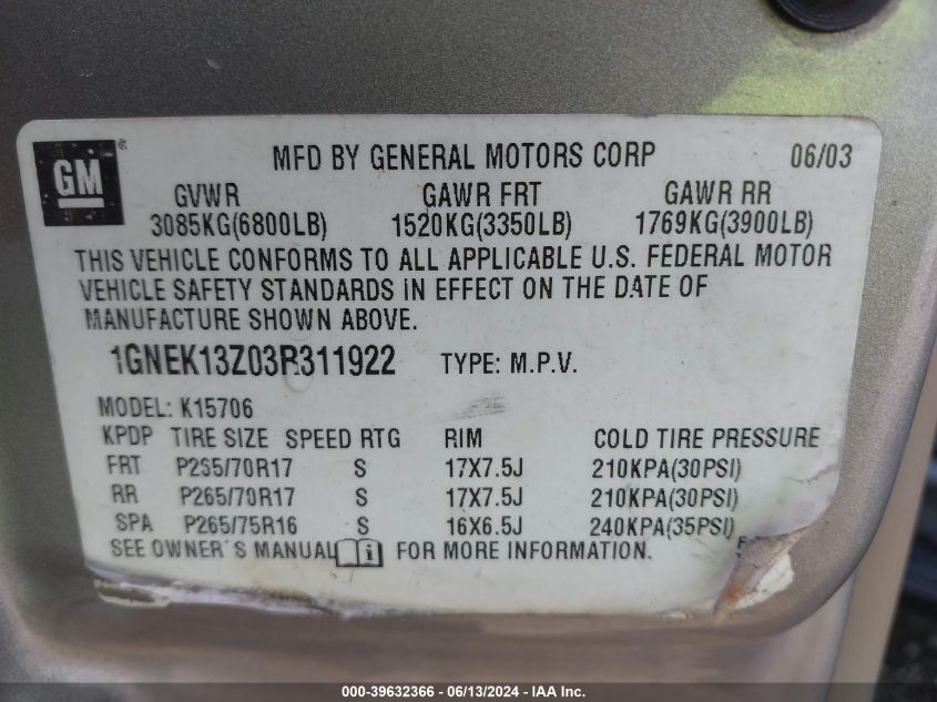 2003 Chevrolet Tahoe Z71 VIN: 1GNEK13Z03R311922 Lot: 39632366
