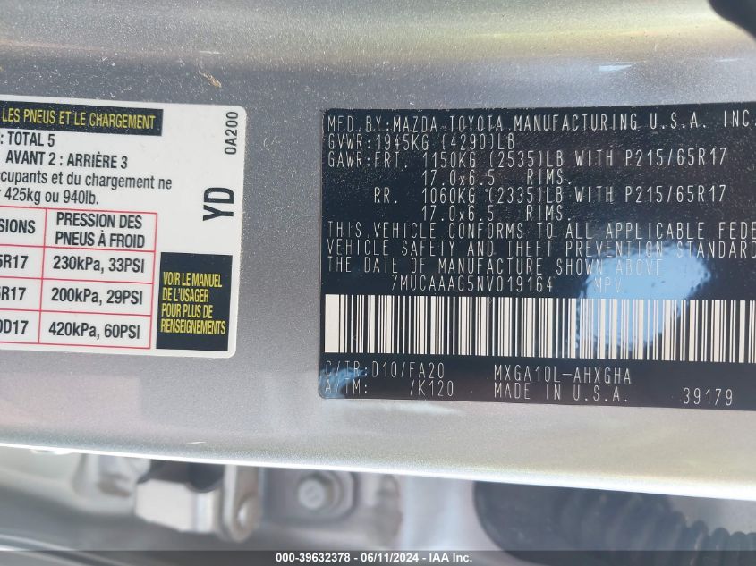 2022 Toyota Corolla Cross Le VIN: 7MUCAAAG5NV019164 Lot: 39632378