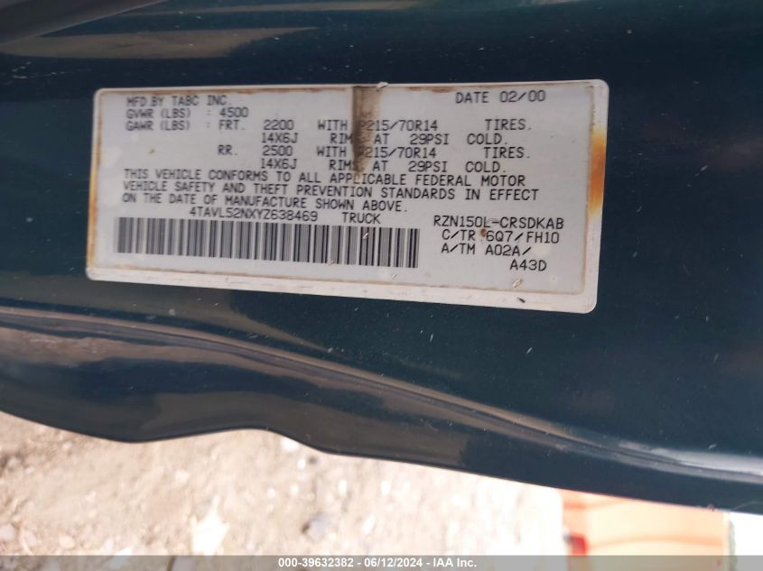 2000 Toyota Tacoma VIN: 4TAVL52NXYZ638469 Lot: 39632382