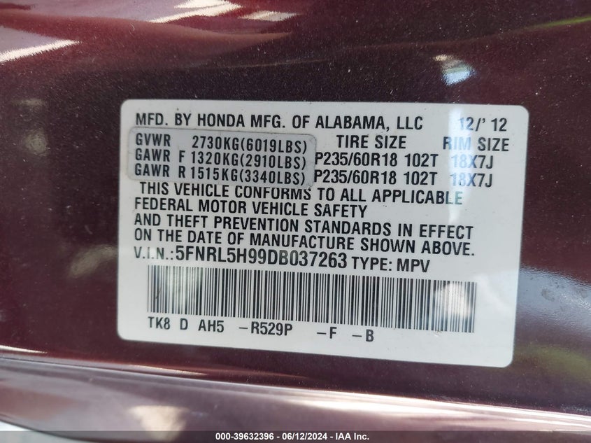 2013 Honda Odyssey Touring/Touring Elite VIN: 5FNRL5H99DB037263 Lot: 39632396