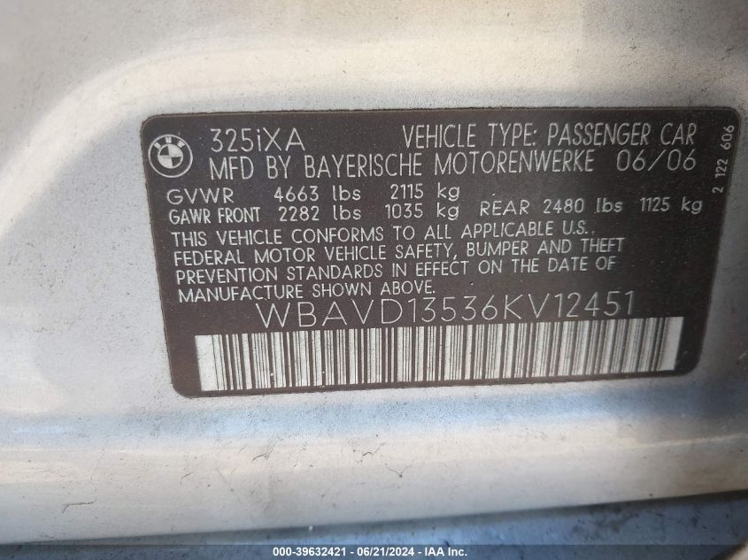 2006 BMW 325Xi Xi VIN: WBAVD13536KV12451 Lot: 39632421