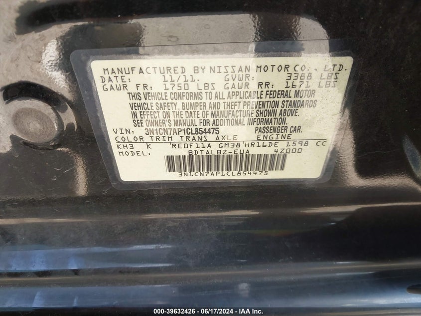 2012 Nissan Versa 1.6 Sv VIN: 3N1CN7AP1CL854475 Lot: 39632426