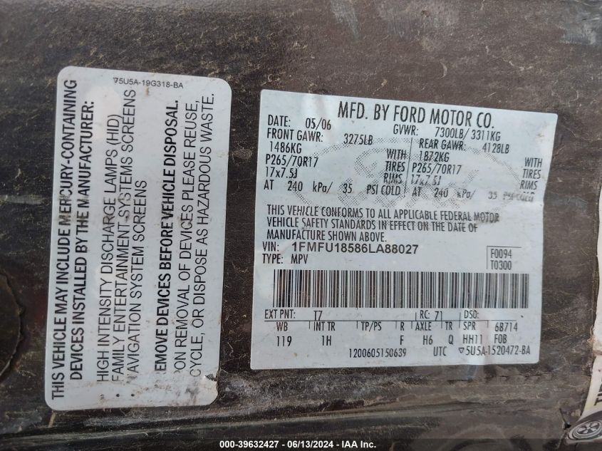 2006 Ford Expedition Eddie Bauer/King Ranch VIN: 1FMFU18586LA88027 Lot: 39632427