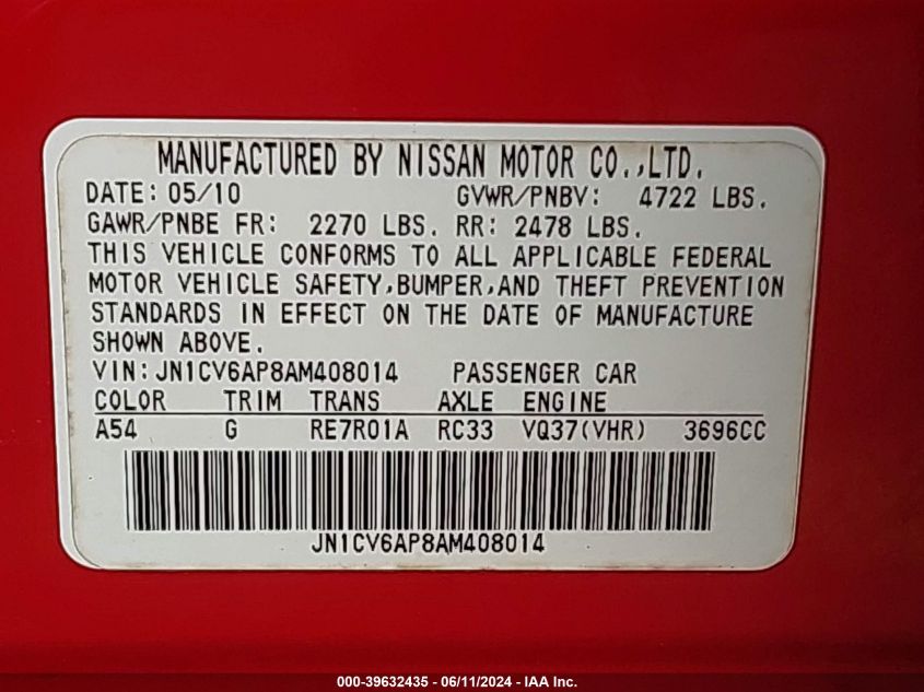 2010 Infiniti G37 Journey VIN: JN1CV6AP8AM408014 Lot: 39632435