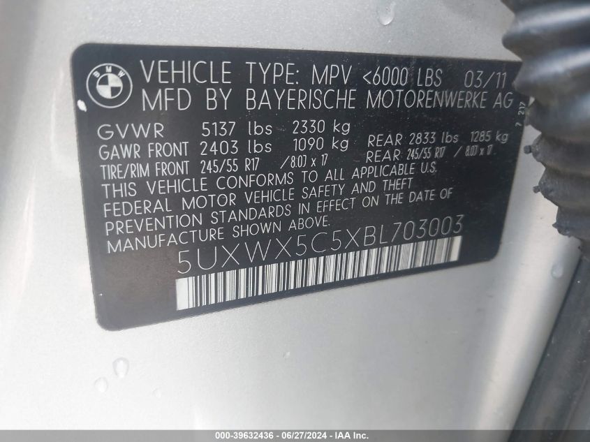 2011 BMW X3 xDrive28I VIN: 5UXWX5C5XBL703003 Lot: 39632436