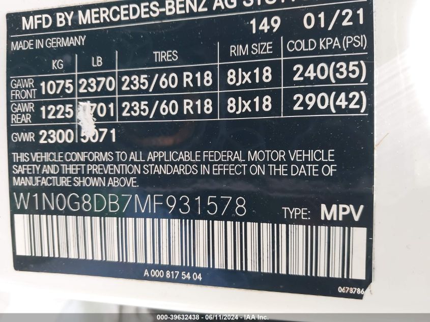 2021 Mercedes-Benz Glc 300 Suv VIN: W1N0G8DB7MF931578 Lot: 39632438