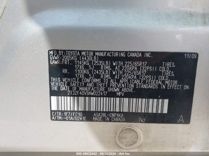 2010 Toyota Rav4 VIN: 2T3ZF4DV9AW022417 Lot: 39632442