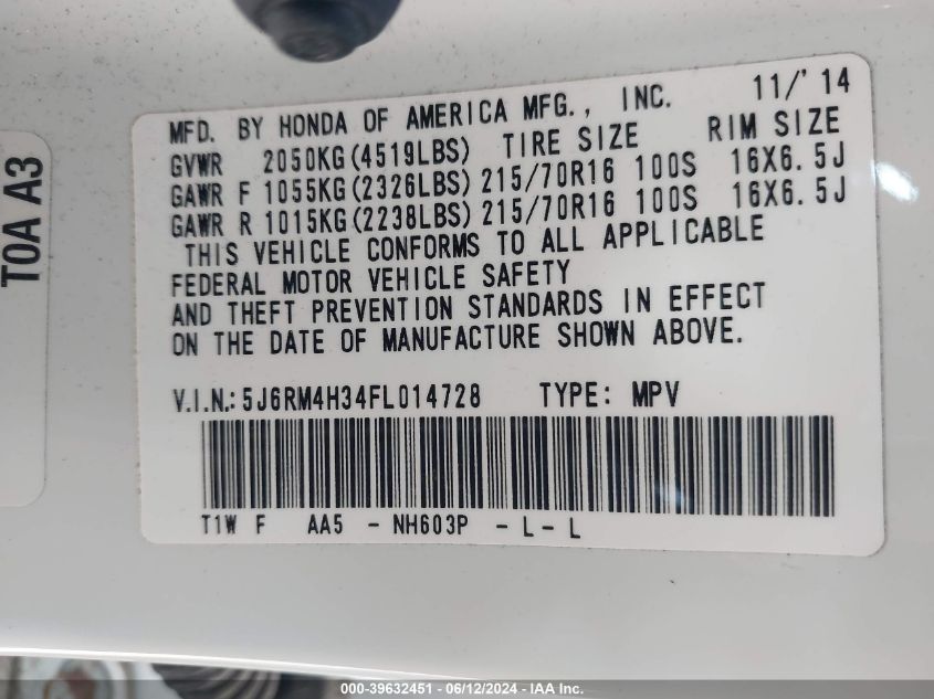 2015 Honda Cr-V Lx VIN: 5J6RM4H34FL014728 Lot: 39632451