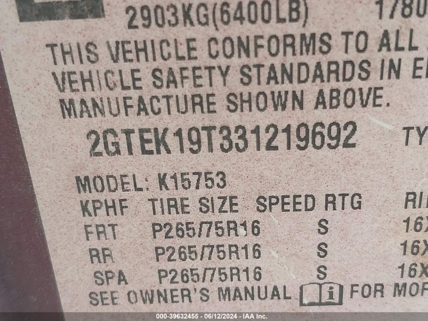 2003 GMC Sierra 1500 Sle VIN: 2GTEK19T331219692 Lot: 39632455