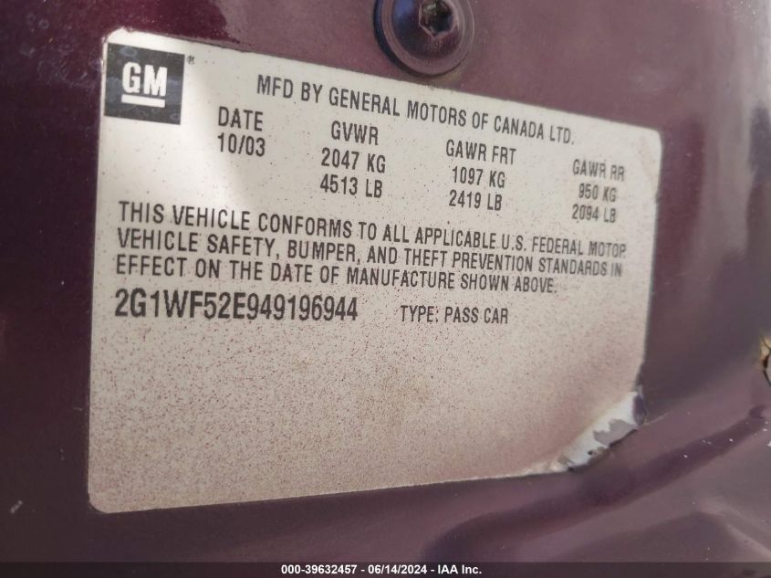 2004 Chevrolet Impala VIN: 2G1WF52E949196944 Lot: 39632457