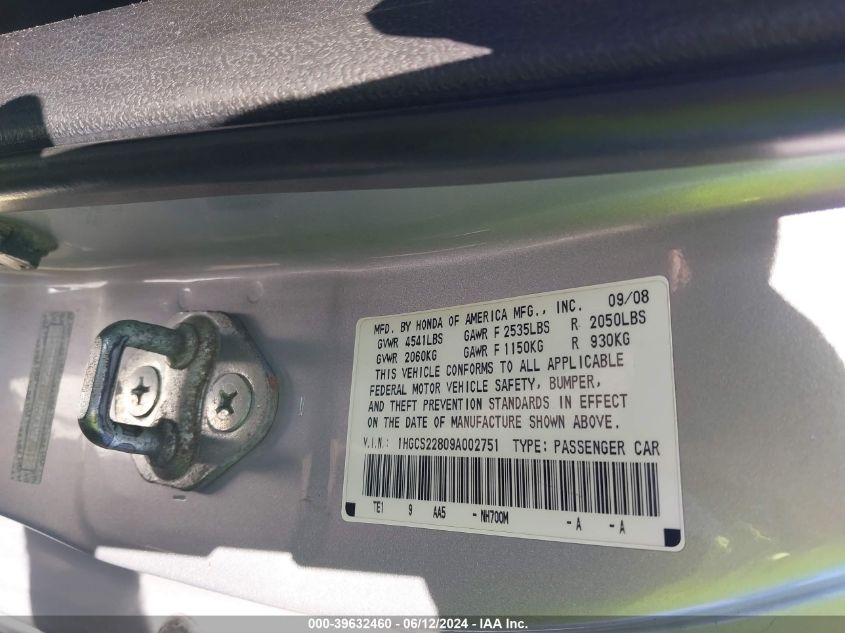 2009 Honda Accord 3.5 Ex-L VIN: 1HGCS22809A002751 Lot: 39632460