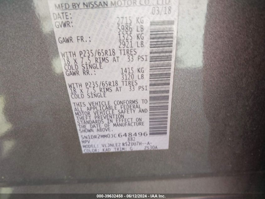 2018 Nissan Pathfinder Sv VIN: 5N1DR2MM0JC648496 Lot: 39632458
