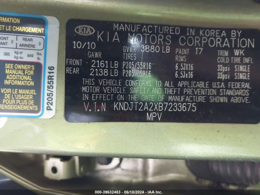 2011 Kia Soul + VIN: KNDJT2A2XB7233675 Lot: 39632483